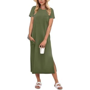 imageANRABESS Womens Midi DressSummer Long Tshirts DressesShort Sleeve Split StripeComfy Travel Beach Vacation Casual WearArmy Green