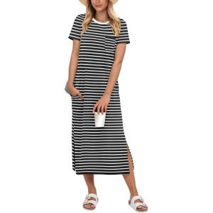 imageANRABESS Womens Midi DressSummer Long Tshirts DressesShort Sleeve Split StripeComfy Travel Beach Vacation Casual WearBlack White Stripe