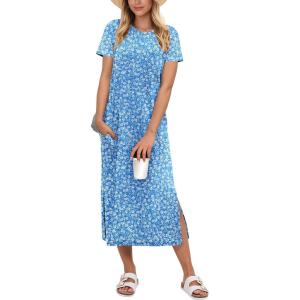 imageANRABESS Womens Midi DressSummer Long Tshirts DressesShort Sleeve Split StripeComfy Travel Beach Vacation Casual WearBlue White Floral