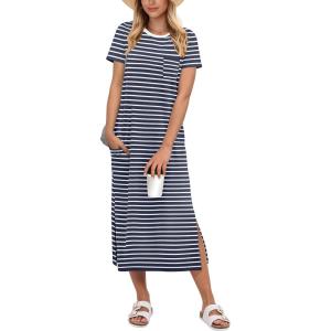imageANRABESS Womens Midi DressSummer Long Tshirts DressesShort Sleeve Split StripeComfy Travel Beach Vacation Casual WearBlue White Stripe