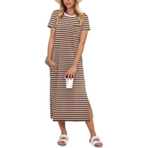 imageANRABESS Womens Midi DressSummer Long Tshirts DressesShort Sleeve Split StripeComfy Travel Beach Vacation Casual WearBrown White Stripe