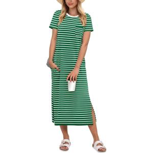 imageANRABESS Womens Midi DressSummer Long Tshirts DressesShort Sleeve Split StripeComfy Travel Beach Vacation Casual WearGreen White Stripe