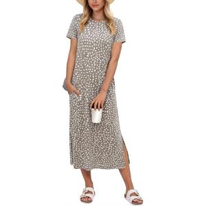 imageANRABESS Womens Midi DressSummer Long Tshirts DressesShort Sleeve Split StripeComfy Travel Beach Vacation Casual WearKhaki Polka Dot