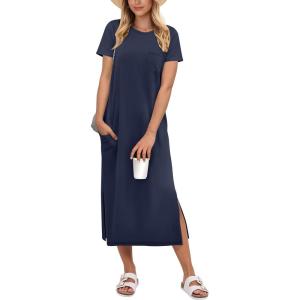 imageANRABESS Womens Midi DressSummer Long Tshirts DressesShort Sleeve Split StripeComfy Travel Beach Vacation Casual WearNavy Blue