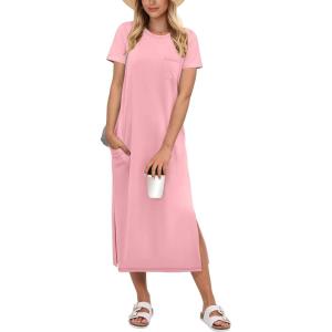 imageANRABESS Womens Midi DressSummer Long Tshirts DressesShort Sleeve Split StripeComfy Travel Beach Vacation Casual WearPink