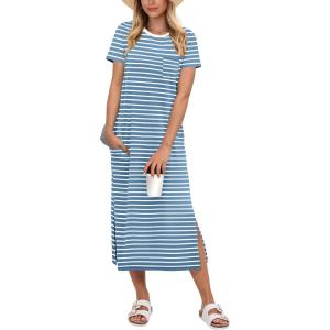 imageANRABESS Womens Midi DressSummer Long Tshirts DressesShort Sleeve Split StripeComfy Travel Beach Vacation Casual WearSky White Stripe