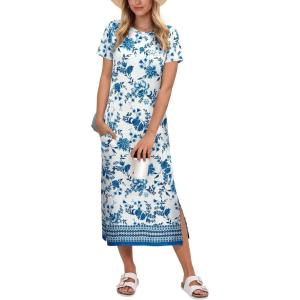 imageANRABESS Womens Midi DressSummer Long Tshirts DressesShort Sleeve Split StripeComfy Travel Beach Vacation Casual WearWhite Blue Floral