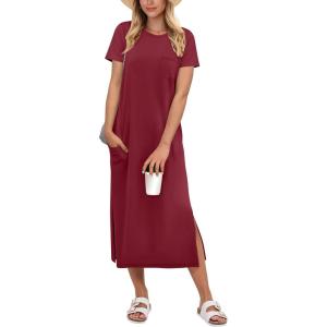 imageANRABESS Womens Midi DressSummer Long Tshirts DressesShort Sleeve Split StripeComfy Travel Beach Vacation Casual WearWine Red