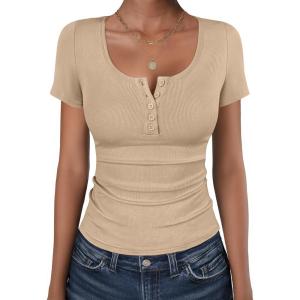 imageANRABESS Womens Short Sleeve Henley Shirts Ribbed Slim Fitted Tee Summer Work Tops 2026 Button Blouse Spring Vacation ClothesApricot