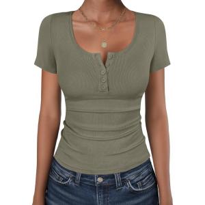 imageANRABESS Womens Short Sleeve Henley Shirts Ribbed Slim Fitted Tee Summer Work Tops 2026 Button Blouse Spring Vacation ClothesArmy Green