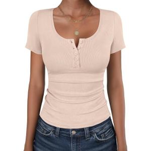 imageANRABESS Womens Short Sleeve Henley Shirts Ribbed Slim Fitted Tee Summer Work Tops 2026 Button Blouse Spring Vacation ClothesBeige