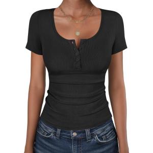 imageANRABESS Womens Short Sleeve Henley Shirts Ribbed Slim Fitted Tee Summer Work Tops 2026 Button Blouse Spring Vacation ClothesBlack