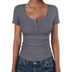 imageANRABESS Womens Short Sleeve Henley Shirts Ribbed Slim Fitted Tee Summer Work Tops 2026 Button Blouse Spring Vacation ClothesBlack Grey