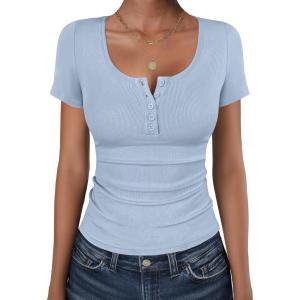 imageANRABESS Womens Short Sleeve Henley Shirts Ribbed Slim Fitted Tee Summer Work Tops 2026 Button Blouse Spring Vacation ClothesBlue