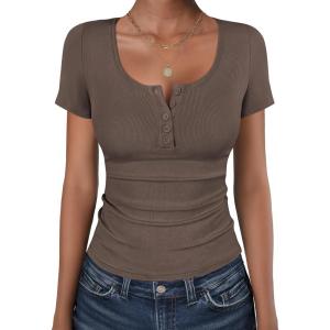 imageANRABESS Womens Short Sleeve Henley Shirts Ribbed Slim Fitted Tee Summer Work Tops 2026 Button Blouse Spring Vacation ClothesBrown