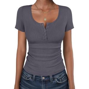 imageANRABESS Womens Short Sleeve Henley Shirts Ribbed Slim Fitted Tee Summer Work Tops 2026 Button Blouse Spring Vacation ClothesCharcoal