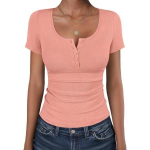 imageANRABESS Womens Short Sleeve Henley Shirts Ribbed Slim Fitted Tee Summer Work Tops 2026 Button Blouse Spring Vacation ClothesCoral