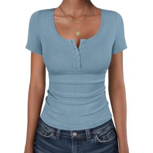 imageANRABESS Womens Short Sleeve Henley Shirts Ribbed Slim Fitted Tee Summer Work Tops 2026 Button Blouse Spring Vacation ClothesDeep Blue