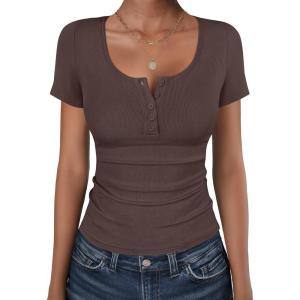 imageANRABESS Womens Short Sleeve Henley Shirts Ribbed Slim Fitted Tee Summer Work Tops 2026 Button Blouse Spring Vacation ClothesDeep Brown