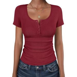 imageANRABESS Womens Short Sleeve Henley Shirts Ribbed Slim Fitted Tee Summer Work Tops 2026 Button Blouse Spring Vacation ClothesDeep Red