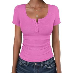 imageANRABESS Womens Short Sleeve Henley Shirts Ribbed Slim Fitted Tee Summer Work Tops 2026 Button Blouse Spring Vacation ClothesHot Pink