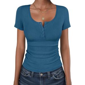 imageANRABESS Womens Short Sleeve Henley Shirts Ribbed Slim Fitted Tee Summer Work Tops 2026 Button Blouse Spring Vacation ClothesIndigo