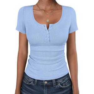 imageANRABESS Womens Short Sleeve Henley Shirts Ribbed Slim Fitted Tee Summer Work Tops 2026 Button Blouse Spring Vacation ClothesLight Blue