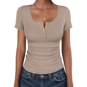 imageANRABESS Womens Short Sleeve Henley Shirts Ribbed Slim Fitted Tee Summer Work Tops 2026 Button Blouse Spring Vacation ClothesLight Khaki