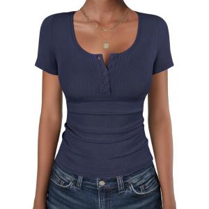 imageANRABESS Womens Short Sleeve Henley Shirts Ribbed Slim Fitted Tee Summer Work Tops 2026 Button Blouse Spring Vacation ClothesNavy Blue