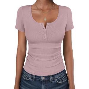 imageANRABESS Womens Short Sleeve Henley Shirts Ribbed Slim Fitted Tee Summer Work Tops 2026 Button Blouse Spring Vacation ClothesNutmeg
