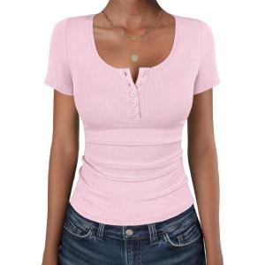 imageANRABESS Womens Short Sleeve Henley Shirts Ribbed Slim Fitted Tee Summer Work Tops 2026 Button Blouse Spring Vacation ClothesPink