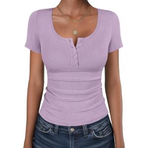 imageANRABESS Womens Short Sleeve Henley Shirts Ribbed Slim Fitted Tee Summer Work Tops 2026 Button Blouse Spring Vacation ClothesPurple