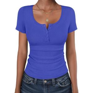 imageANRABESS Womens Short Sleeve Henley Shirts Ribbed Slim Fitted Tee Summer Work Tops 2026 Button Blouse Spring Vacation ClothesRoyal Blue