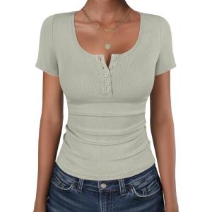 imageANRABESS Womens Short Sleeve Henley Shirts Ribbed Slim Fitted Tee Summer Work Tops 2026 Button Blouse Spring Vacation ClothesSage Green