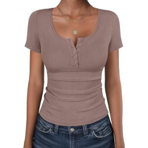 imageANRABESS Womens Short Sleeve Henley Shirts Ribbed Slim Fitted Tee Summer Work Tops 2026 Button Blouse Spring Vacation ClothesTaupe