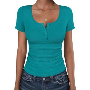 imageANRABESS Womens Short Sleeve Henley Shirts Ribbed Slim Fitted Tee Summer Work Tops 2026 Button Blouse Spring Vacation ClothesTeal