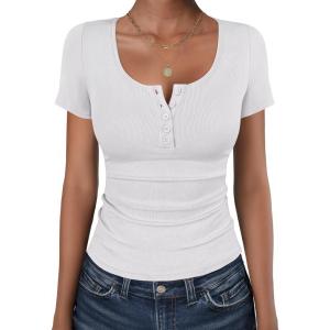 imageANRABESS Womens Short Sleeve Henley Shirts Ribbed Slim Fitted Tee Summer Work Tops 2026 Button Blouse Spring Vacation ClothesWhite