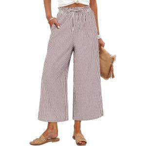 imageANRABESS Womens Striped Gingham Palazzo Capri Pants Pajama Wide Leg Lounge Trousers Plaid Cute Crop PJ Bottoms with PocketsBrown White Stripe