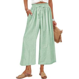 imageANRABESS Womens Striped Gingham Palazzo Capri Pants Pajama Wide Leg Lounge Trousers Plaid Cute Crop PJ Bottoms with PocketsGreen White Plaid