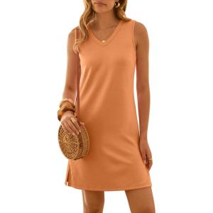 imageANRABESS Womens Summer Casual Beach Mini Dress 2026 Sleeveless V Neck Loose Split WrinkleFree Travel Vacation Short SundressOrange