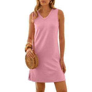 imageANRABESS Womens Summer Casual Beach Mini Dress 2026 Sleeveless V Neck Loose Split WrinkleFree Travel Vacation Short SundressPink