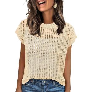 imageANRABESS Womens Tops 2026 Trendy Summer Shirts Crochet Cap Sleeve Knitted Sweater Spring Beach Vacation ClothesBeige