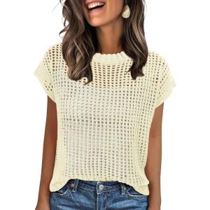 imageANRABESS Womens Tops 2026 Trendy Summer Shirts Crochet Cap Sleeve Knitted Sweater Spring Beach Vacation ClothesCream White