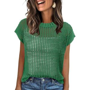 imageANRABESS Womens Tops 2026 Trendy Summer Shirts Crochet Cap Sleeve Knitted Sweater Spring Beach Vacation ClothesGreen