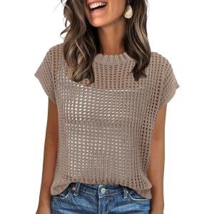 imageANRABESS Womens Tops 2026 Trendy Summer Shirts Crochet Cap Sleeve Knitted Sweater Spring Beach Vacation ClothesKhaki
