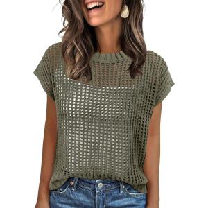 imageANRABESS Womens Tops 2026 Trendy Summer Shirts Crochet Cap Sleeve Knitted Sweater Spring Beach Vacation ClothesLight Green