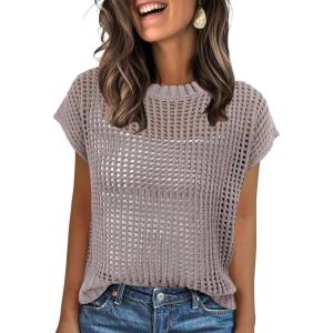 imageANRABESS Womens Tops 2026 Trendy Summer Shirts Crochet Cap Sleeve Knitted Sweater Spring Beach Vacation ClothesLight Khaki