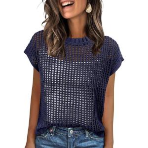 imageANRABESS Womens Tops 2026 Trendy Summer Shirts Crochet Cap Sleeve Knitted Sweater Spring Beach Vacation ClothesNavy Blue