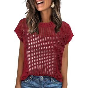 imageANRABESS Womens Tops 2026 Trendy Summer Shirts Crochet Cap Sleeve Knitted Sweater Spring Beach Vacation ClothesRed