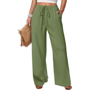 imageANRABESS Womens Wide Leg Beach Pants Elastic Waist Lightweight Casual Flowy Palazzo Lounge Trousers with PocketsArmy Green